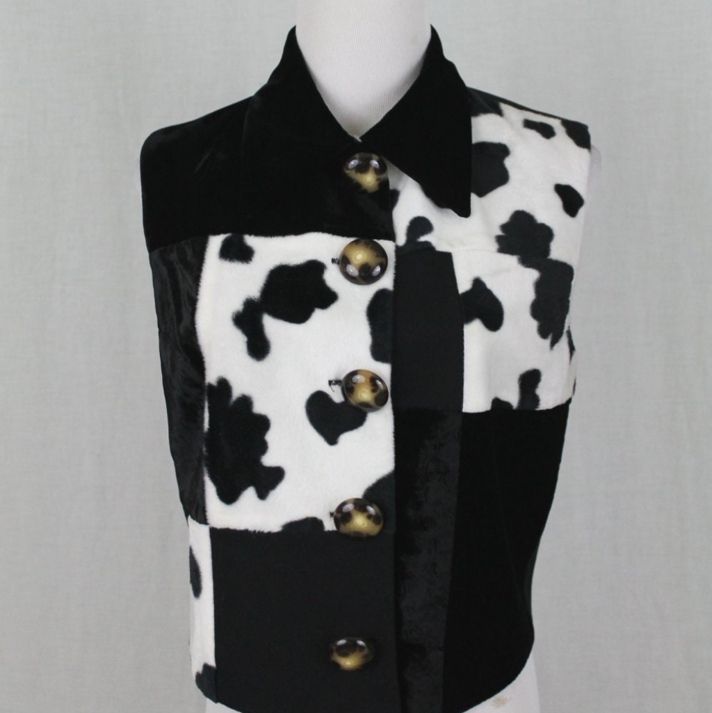 Vintage Concinno Faux Fur, Cashmere, Silk Patchwork Cow Cowgirl Vest Waistcoat S